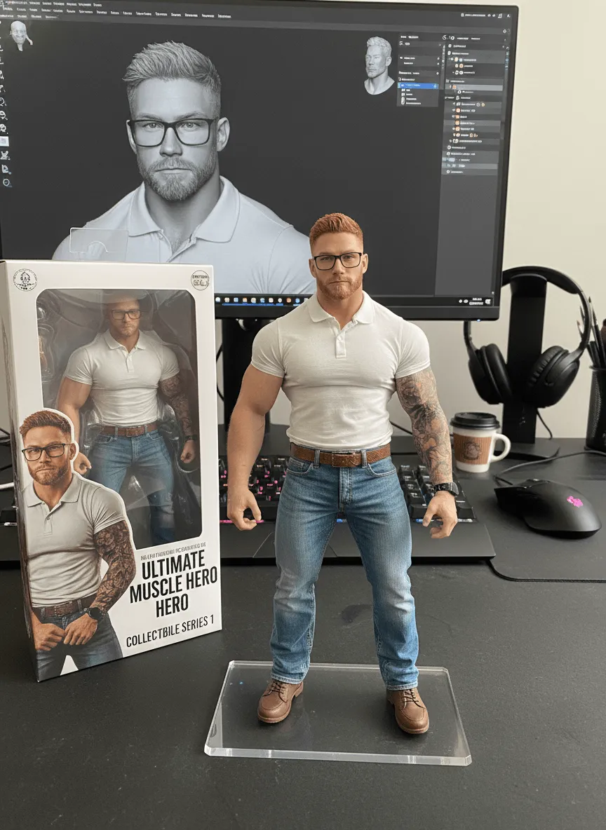 Create a commercial 1/18 scale collectible action figure based on the attached image, rendered in a hyper realistic style within a real-world computer desk workspace.
The figure is displayed on a computer desk, standing on a transparent acrylic base with no text or logos.
Next to it, include a branded action figure box with a clear plastic front window, showing the figure inside, styled like professional collectible packaging.
On the computer screen behind, show the digital sculpting process inside ZBrush, making it clear that the figure was designed in 3D.
The environment must clearly show a desk setup with monitor, keyboard, and small desk accessories.
Lighting should be bright, evenly diffused studio lighting, with controlled highlights and soft shadows, emphasizing the fine details of the figure, the box with its transparent window, and the acrylic base