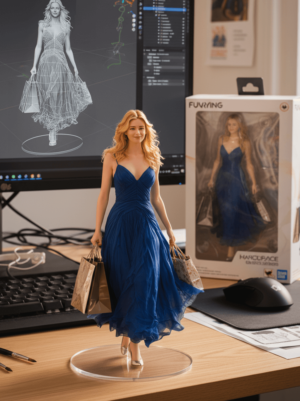 create a 1/7 scale commercialized figurine of the characters in the picture, in a realistic style, in a real environment. The figurine is placed on a computer desk. The figurine has a round transparent acrylic base, with no text on the base. The content on the computer screen is a 3D modeling process of this figurine. Next to the computer screen is a toy packaging box, designed in a style reminiscent of high quality collectible figures, printed with original artwork. The packaging features two-dimensional flat illustrations.