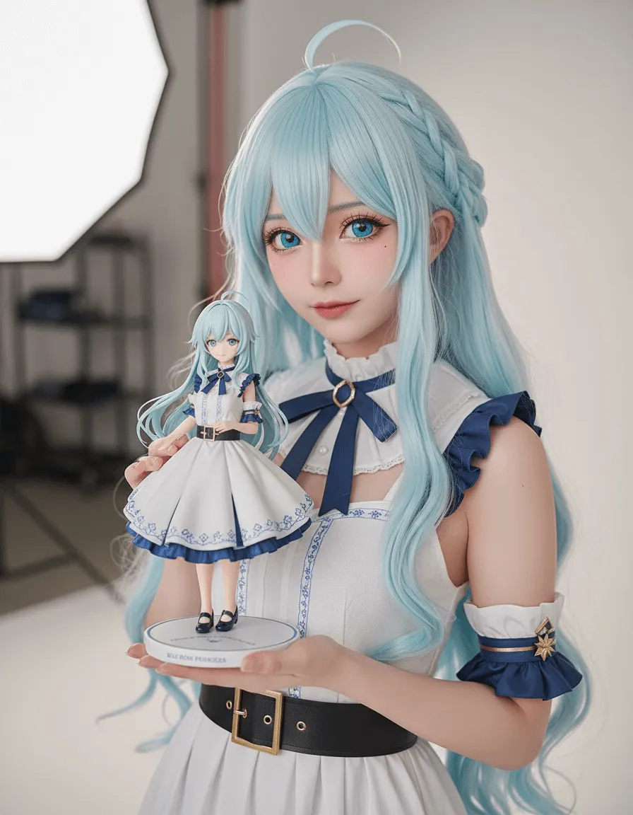 Hyper real photo, not anime: human cosplayer replicating the reference 2D character, pore-level skin texture, natural softbox lighting, accurate real fabrics and armor finishes. Cosplayer is holding a 1/7 scale resin portrait in the photo studio—razor-sharp on hair strands, embroidery, metallic shine, base lettering legible. Cinematic 85 mm, f/2.2, 12 K.