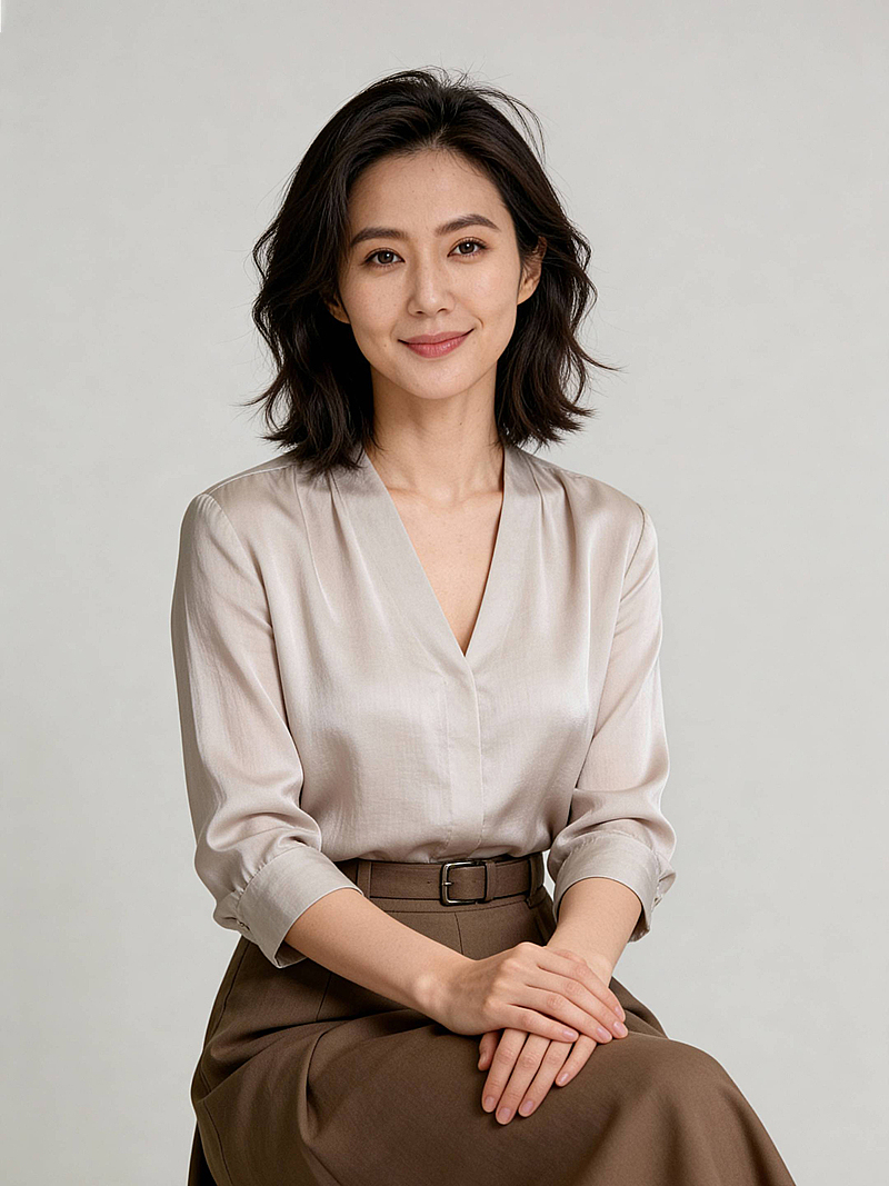 知性优雅杏色V领衬衫坐姿女士形象照