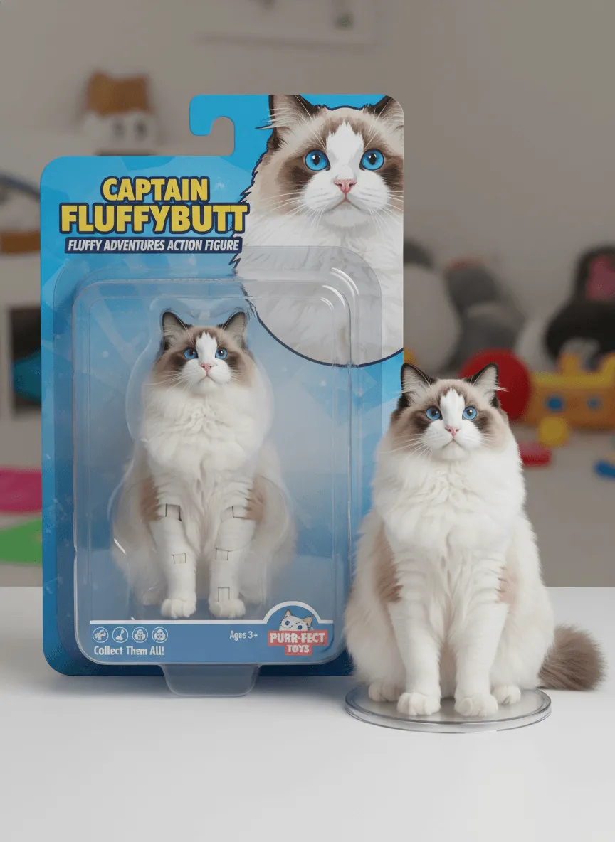 Turn my pet into a plastic action figure next to its packaging