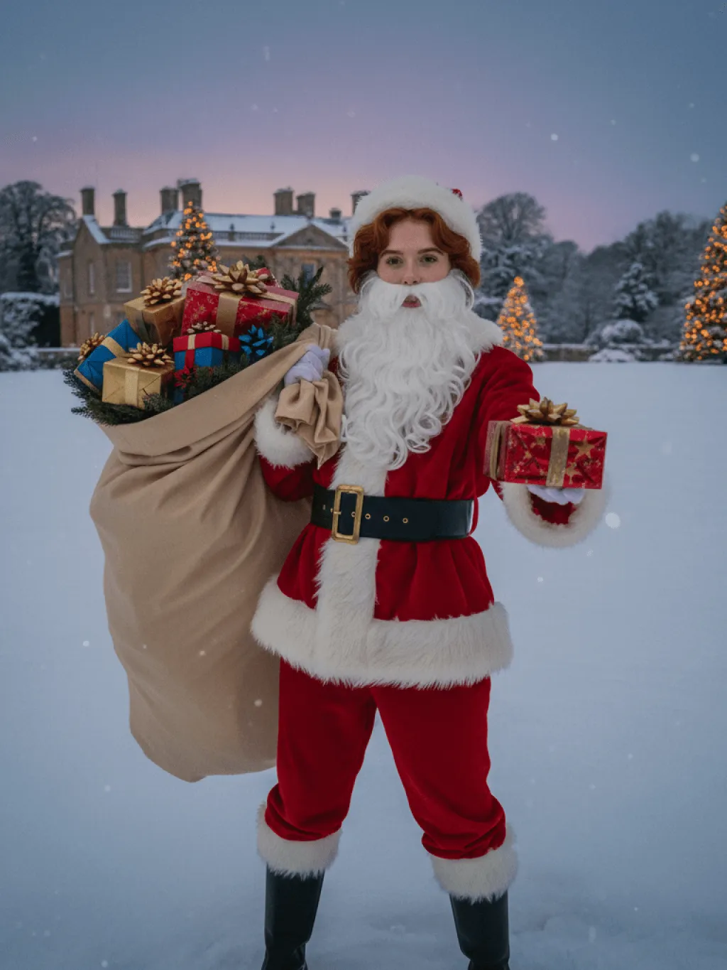 Modify this photo to maintain the consistency of the main subject. Keep the facial features and hairstyle of the characters unchanged. The character is wearing a red Christmas suit, with a coat featuring plush edges, and thick white plush decorations on the collar, cuffs, and hem. The lower part is red trousers with white plush edges on the cuffs. A black wide belt is tied around the waist, with a golden buckle. Black ankle boots are worn, and a white fake long beard of Santa Claus is attached. The head is wearing a red Christmas hat, revealing the original hairstyle. Character pose: Carrying a huge beige bag on the back, placed in the middle (larger than the character itself) of the bag, filled with beautifully packaged gift boxes (in various colors such as gold and red, with colorful bows), decorated with pine branches. This scene conveys the classic "Christmas gift giving" scenario. Key pose: The right hand holds a gift box and extends it towards the camera. Scene: Winter snow scene, the ground is covered with snow, there are trees covered by snow in the distance, and a Christmas tree decorated with warm lights. The shot is taken in the early morning, shot size: Full body of the character, the effect of the iPhone shooting is casual, rich in color, with a retro tone, maintaining the original image size.