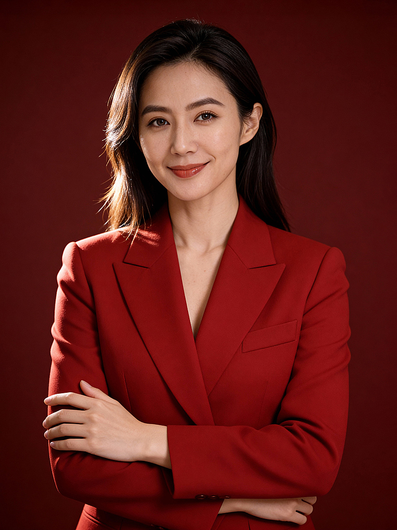 红色西装新年抱胸形象照