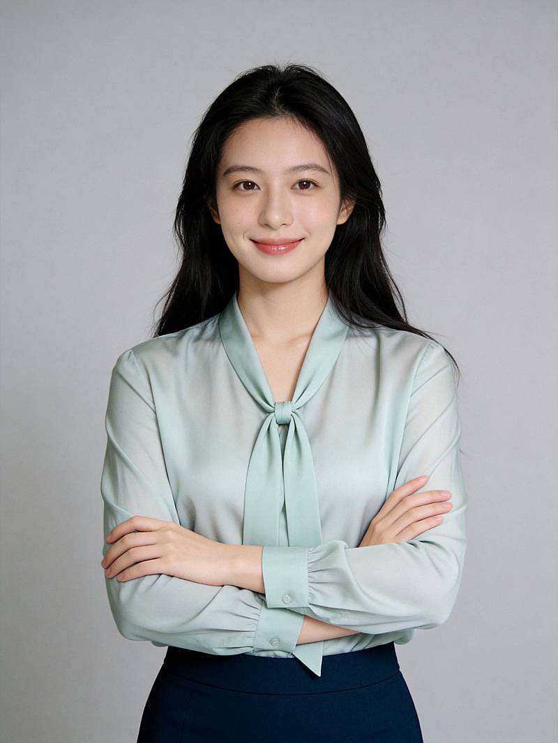 飘带领正面抱胸女士形象照