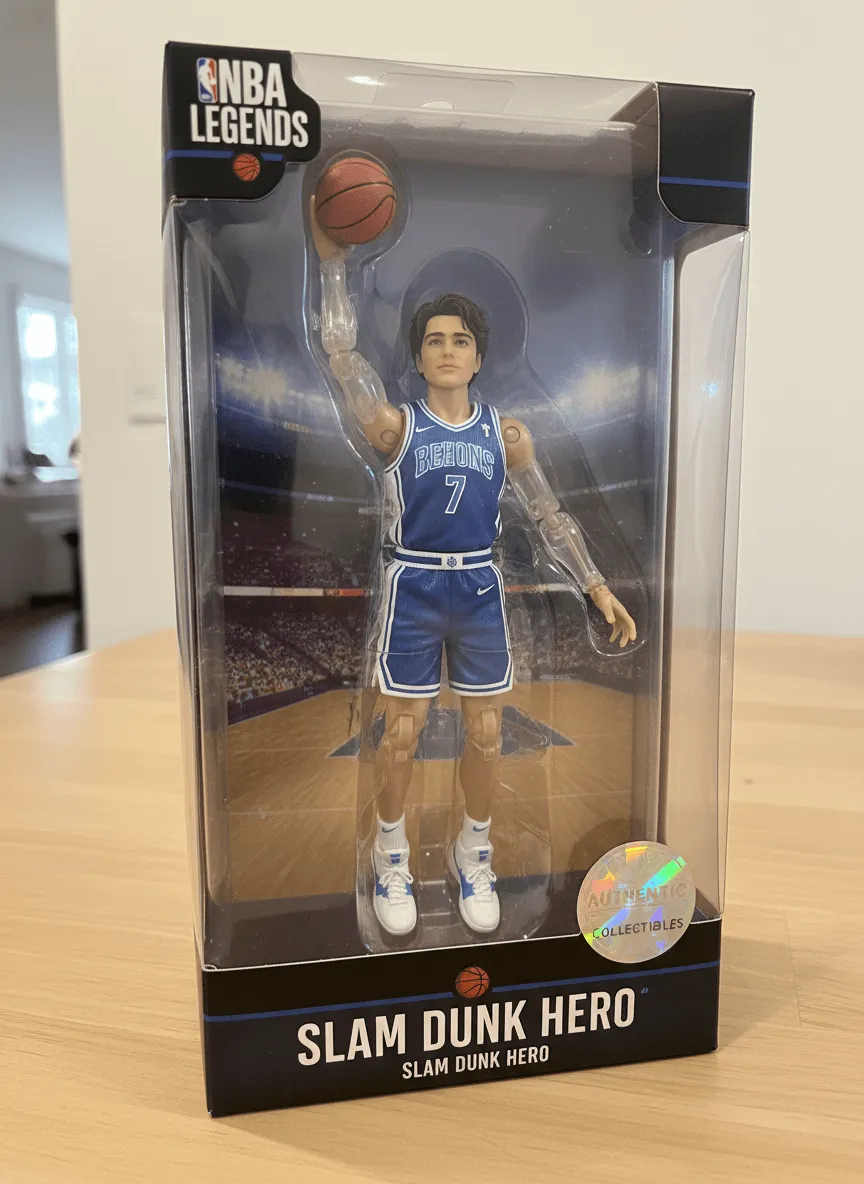 	Me as a 1/7 scale basketball action figure made of high gloss molded plastic, packaged inside its collector's edition window box, complete with miniature basketball, glossy team jersey, articulated joints for slam-dunk poses, and a holographic authenticity sticker on the corner of the packaging.