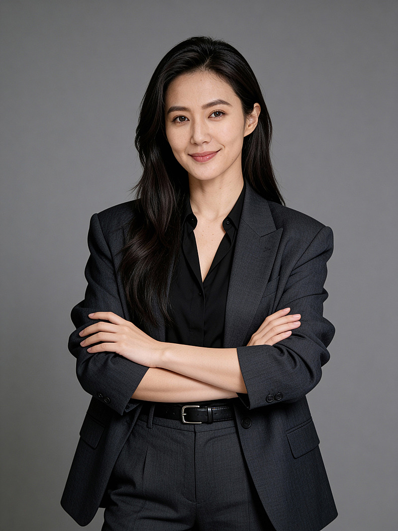 大气黑色西装V领双手抱胸女士形象照