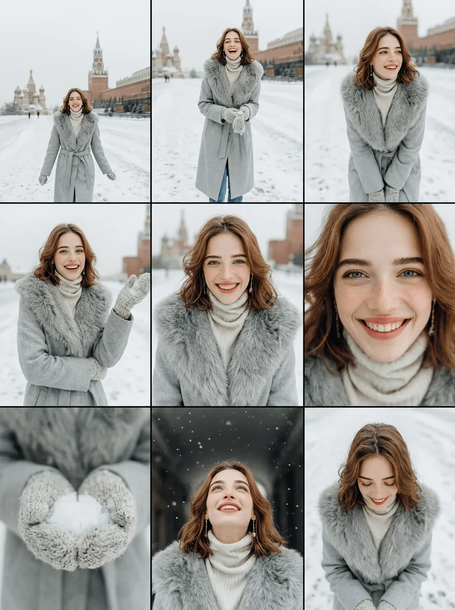 Generate a cohesive 3x3 grid cinematic contact sheet featuring 9 distinct, photorealistic camera shots of the subject(s) from the input image.

Location & Setting:
Set the scene at the following coordinates: Latitude: 55.7558° N, Longitude: 37.6173° E.
The environment must accurately reflect the specific location, local time, and weather.

Emotional Theme:
The overall emotional theme for the 9 shots is: [fun / joy / bittersweet / calm / curious / determined etc. – write the desired emotion here].
Each shot should subtly reinforce this theme.

Style & Emotion:
The 9 shots must maintain a consistent, dramatic, and emotionally profound mood.
Subject's facial expressions must dynamically adapt to the narrative emphasis of each unique perspective, while strongly conveying the overall Emotional Theme.

9 Shot Coverage (Focus on Content & Angle):

Full Environment View: Subject small in a vast, atmospheric environment.

Full Body Shot: Entire subject visible, emphasizing presence against the backdrop.

Mid Body Shot: Knees-up view, capturing an emotionally charged stance.

Upper Body Shot: Waist-up; focus on expressive posture and interaction.

Intimate Chest-Up Shot: Chest-up; intimate framing, highlighting the gaze and inner feeling.

Tight Face Shot: Close-up on the face, clearly conveying a specific, unstated emotion.

Macro Detail Shot: Extreme close-up on hands, texture, or eyes, revealing a narrative element.

Upward Gaze Shot: Looking up from below (worm's eye view); emphasizing quiet power or resolve.

Downward Gaze Shot: Looking down from above (bird's eye view); suggesting reflection or vulnerability.

Strict Constraints:
Maintain strict consistency (same subject, clothes, lighting) across all 9 panels.
Depth of field must shift realistically (bokeh in close-ups).
Absolutely NO text, logos, labels, watermarks, symbols, numbers, letters, or typography should appear in any of the 9 generated images.