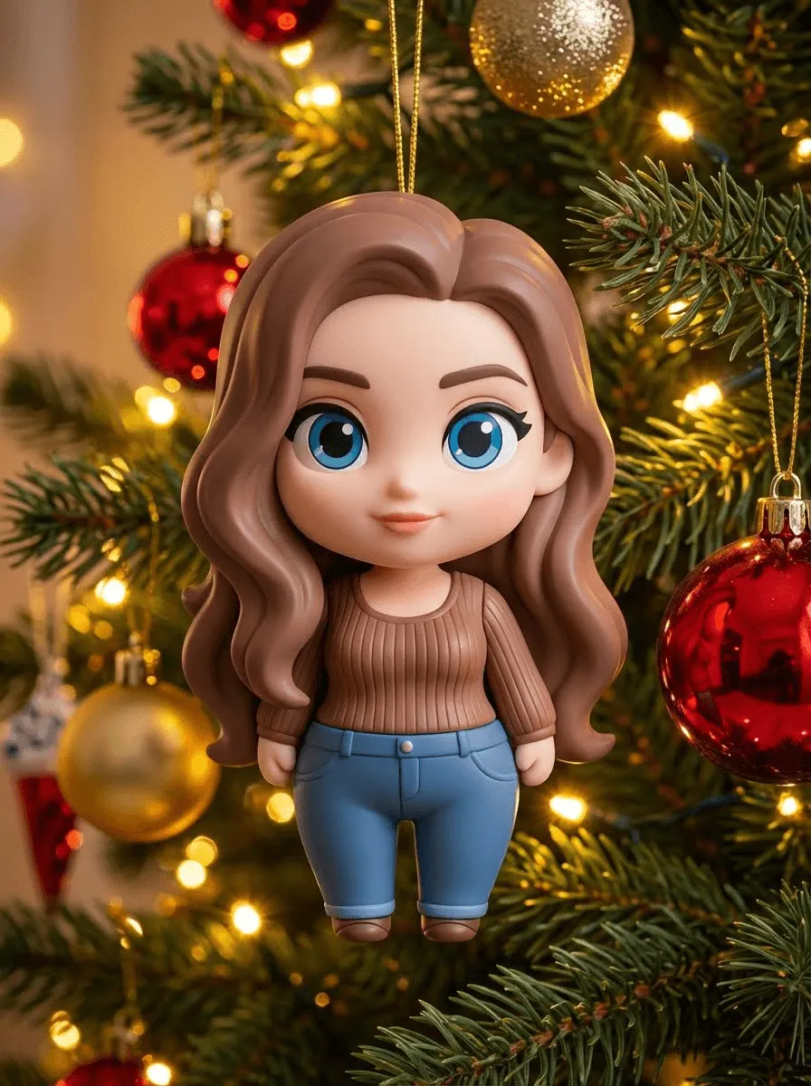 Use the subject from the uploaded photo and transform them into a 1/7–scale commercial figure ornament in a silicone Disney Chibi style. Keep the pose, hairstyle, clothing, and proportions recognizable, but render the figure with exaggerated cute Chibi features—large head, expressive eyes, and simplified, rounded proportions. The material should look like soft silicone with smooth, slightly glossy surfaces, clearly toy like, not lifelike human skin. Hang this 1/7 Chibi figure ornament on an indoor Christmas tree using a thin golden string like a Christmas bauble. The scene is warm and festive, filled with golden lights, ornaments, and a cozy Christmas glow. Ensure the figure feels like a premium collectible toy, integrated naturally with the tree branches, with the image clean, clear, and focused on the ornament.