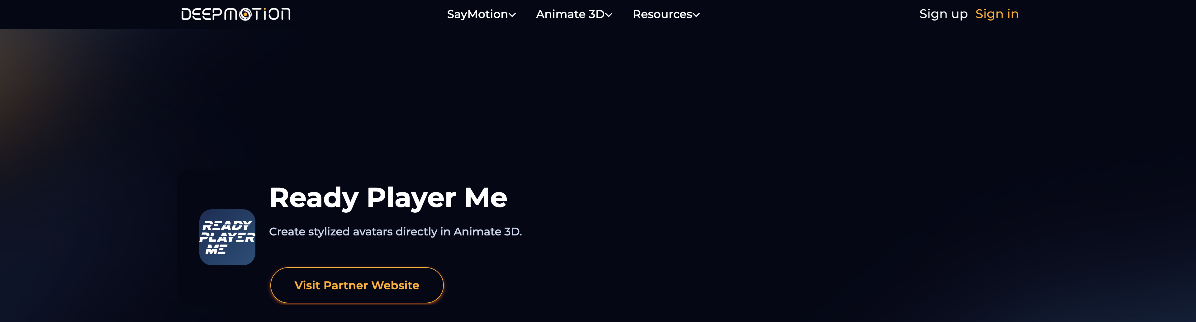 Ready Player Me partner page for creating stylized 3D avatars.