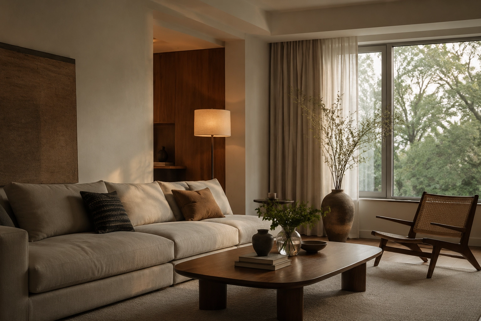 Living room with window light and warm lamp glow.