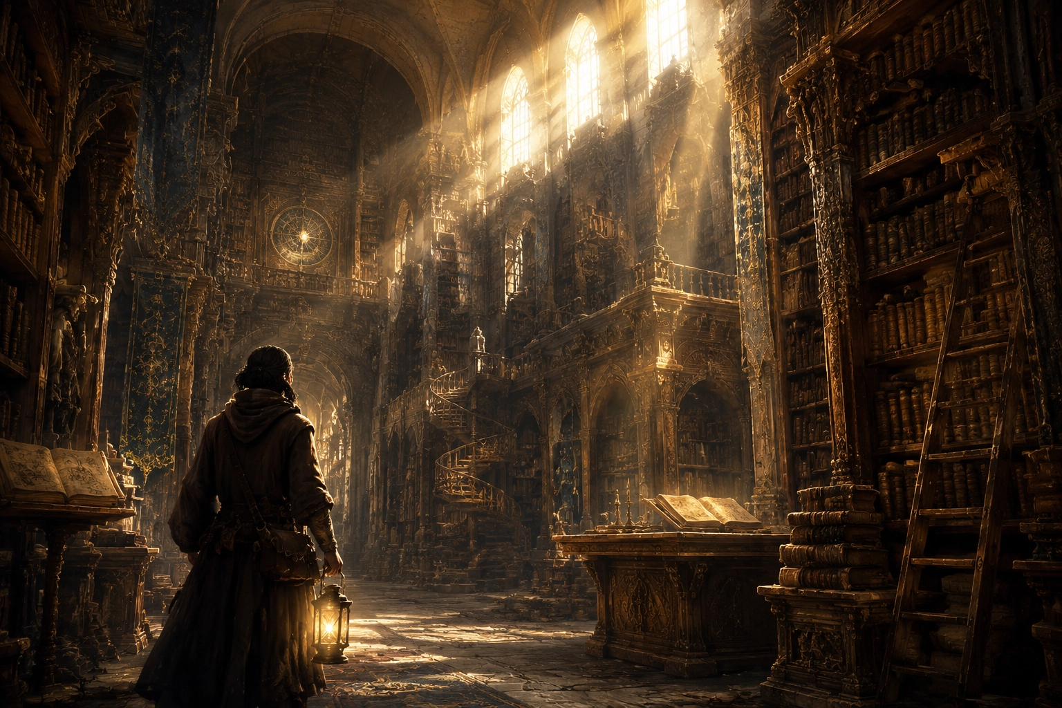 Explorer in an ancient library with sunbeams.
