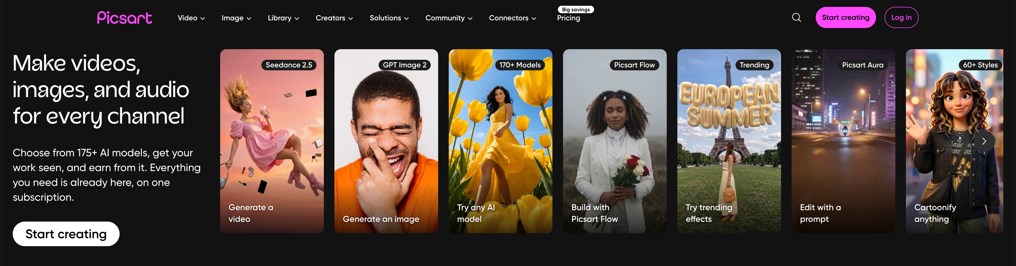 Picsart homepage showing image generation, effects, and editing options.