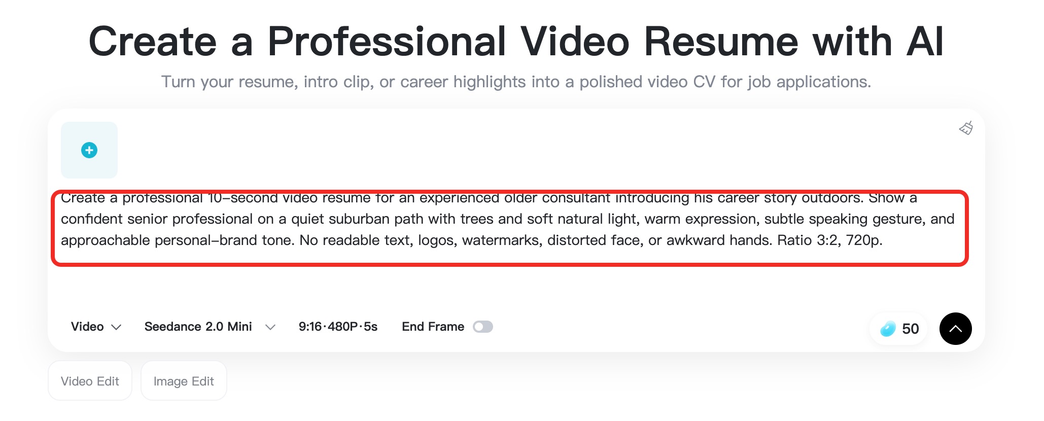 Add a Video Resume Script Career details and speaking tone entered in the insMind prompt box.