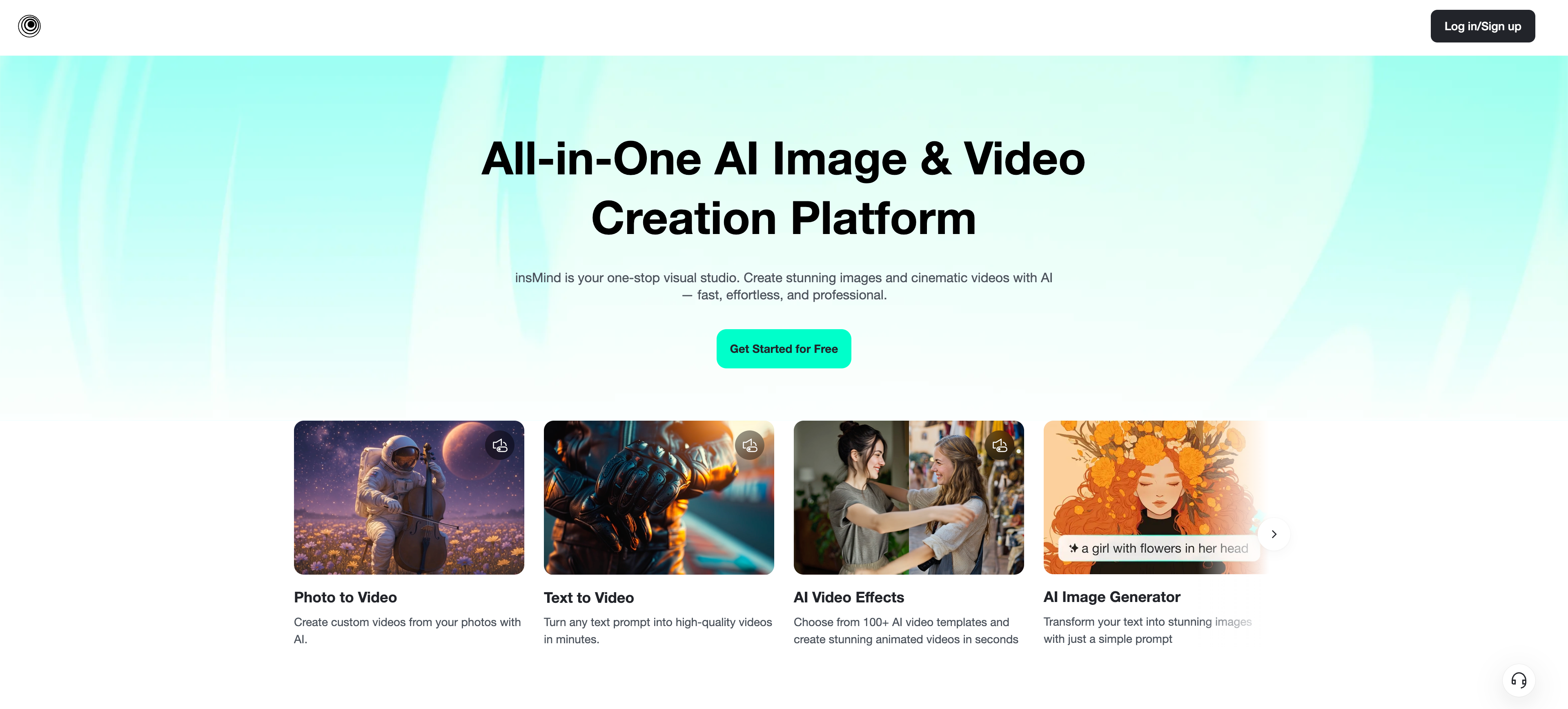 insMind all-in-one AI image and video platform homepage screenshot