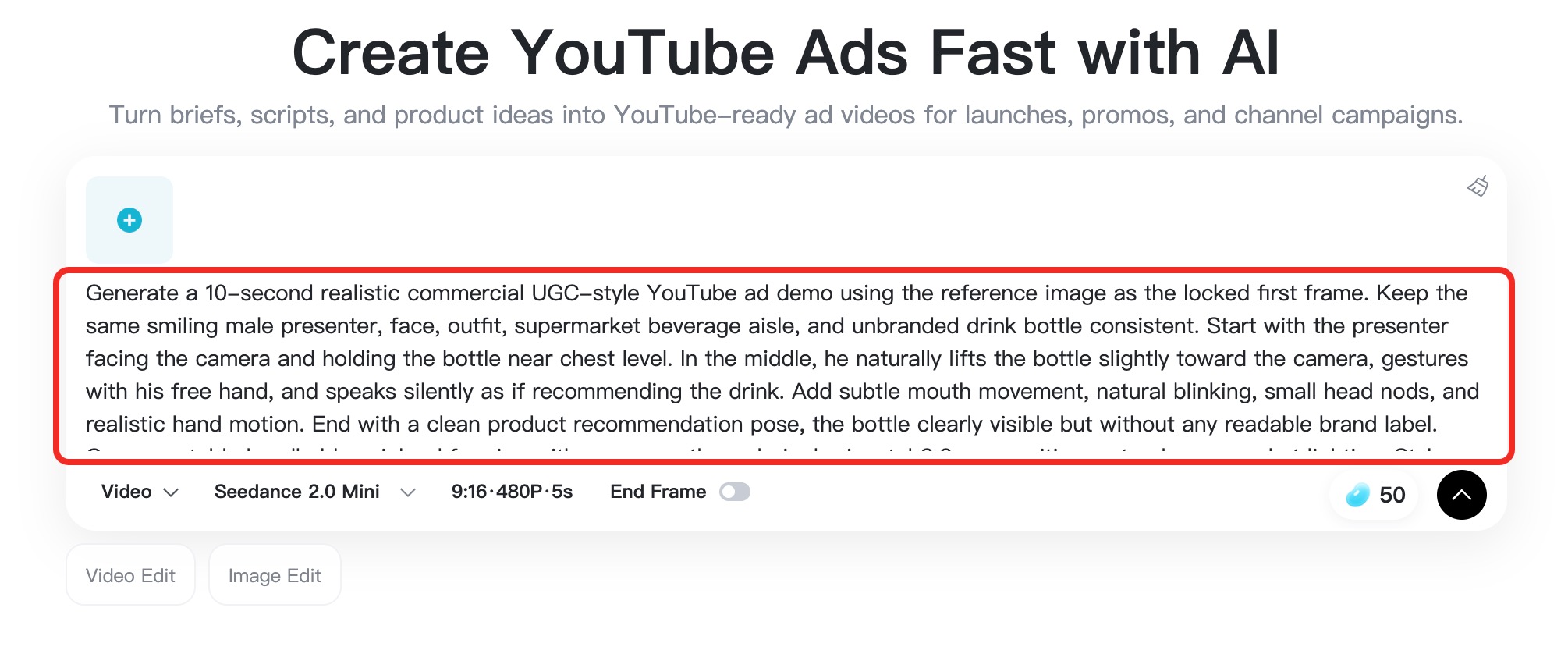 Enter a detailed YouTube ad prompt and choose video settings.