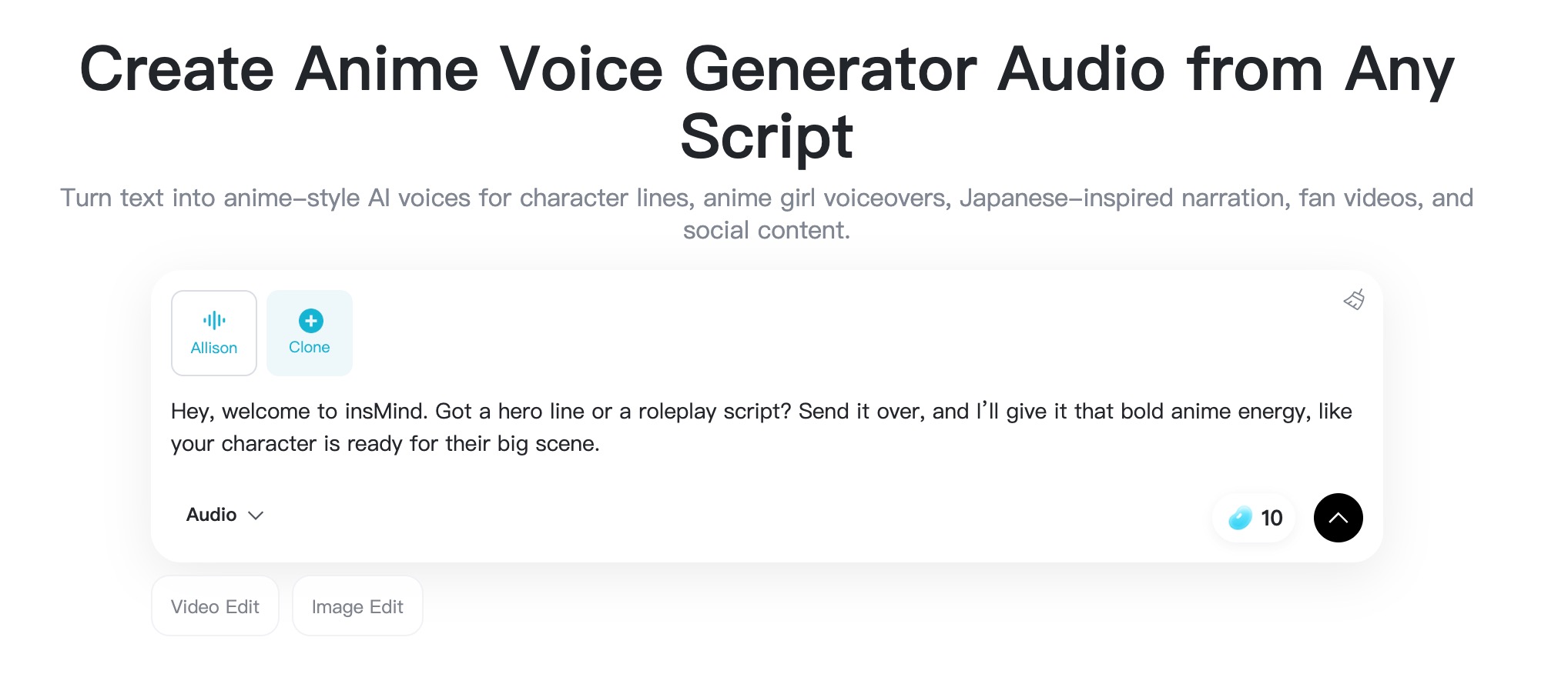 Choose Anime Character Voice insMind voice menu with gender, language, and preview options.