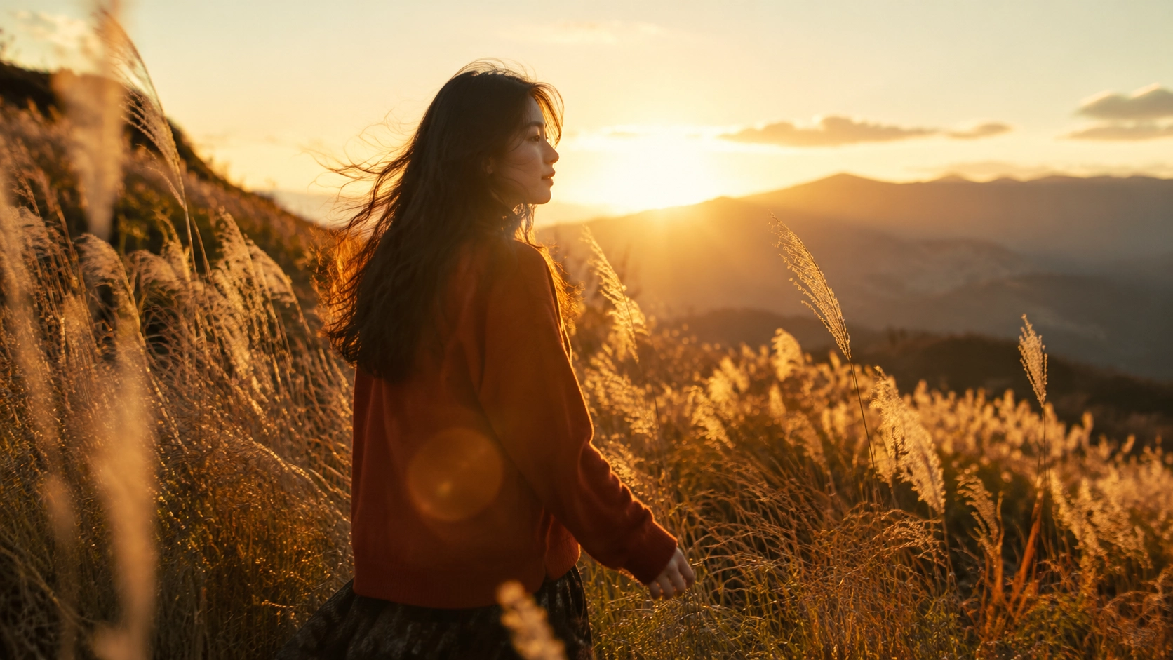 Woman in grass backlit by golden hour sun.