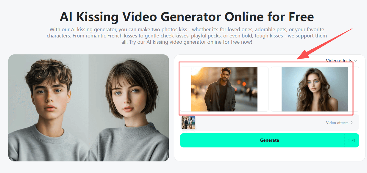 Upload Photo for AI Kiss Upload one or two photos to create an AI-generated kissing video.