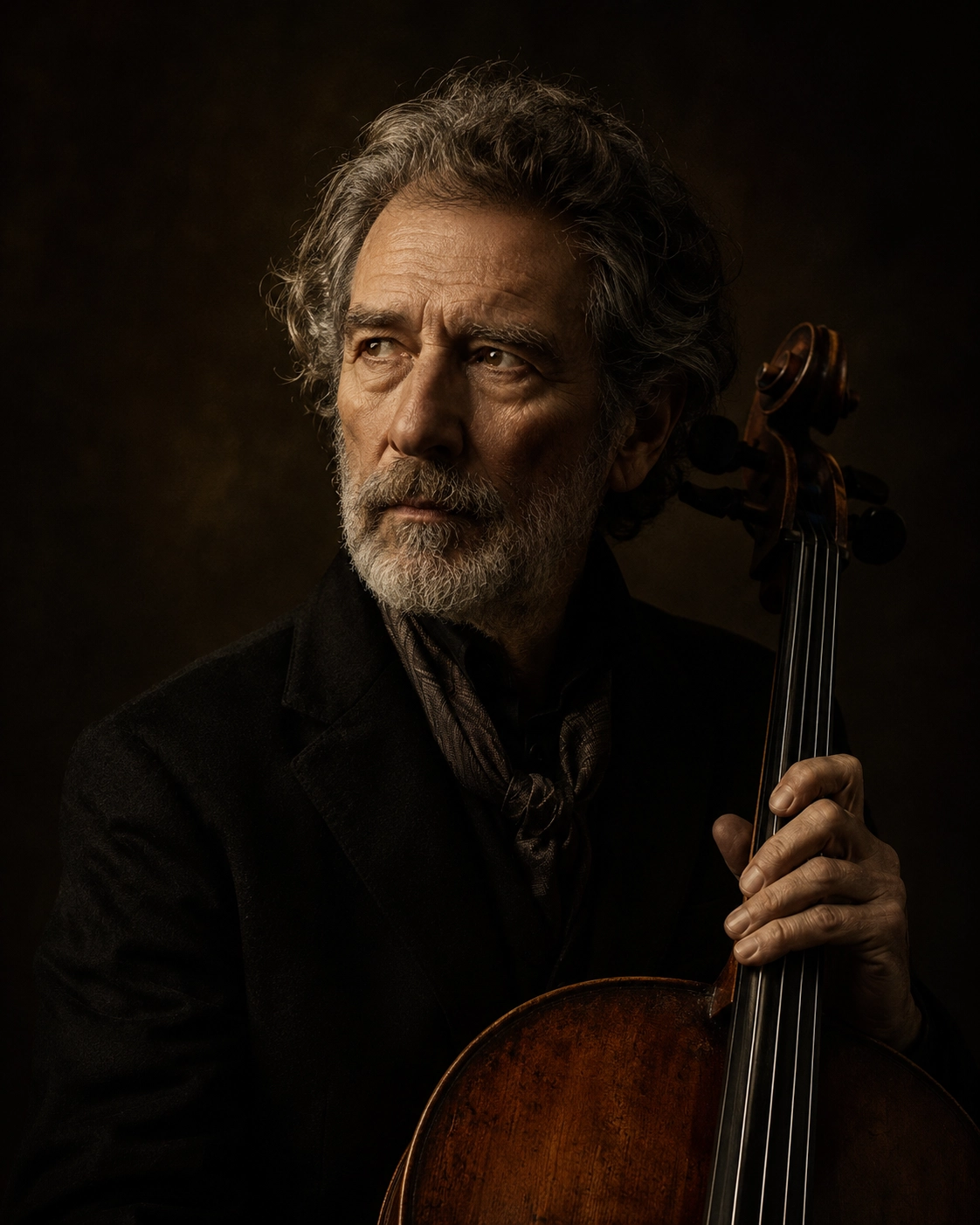 Older musician portrait with dramatic Rembrandt lighting.