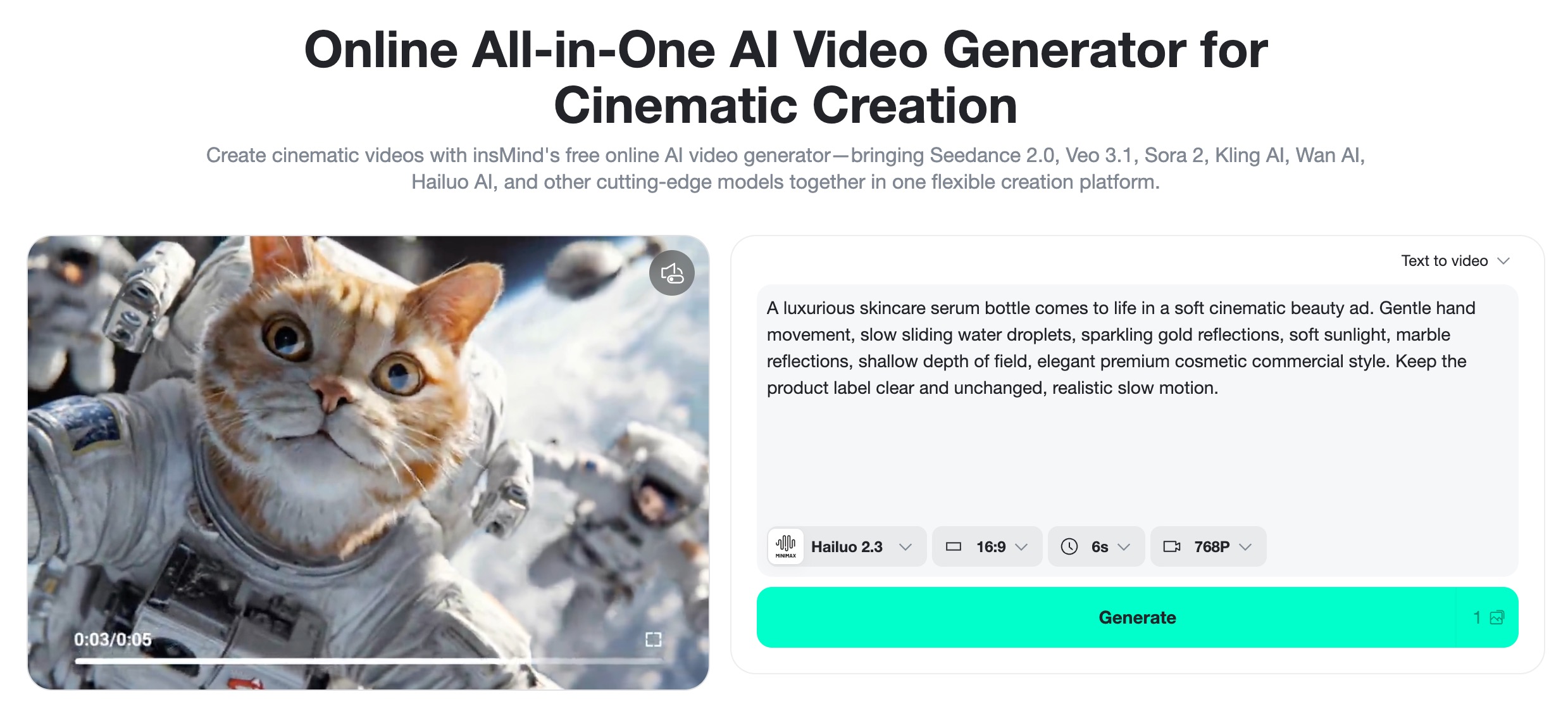 Prompt and generation settings are filled in before creating the video.