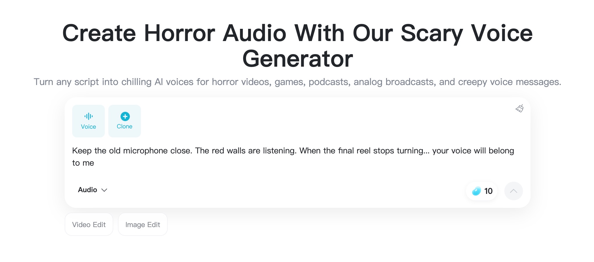 Horror script typed into insMind scary voice generator, ready to pick a voice style