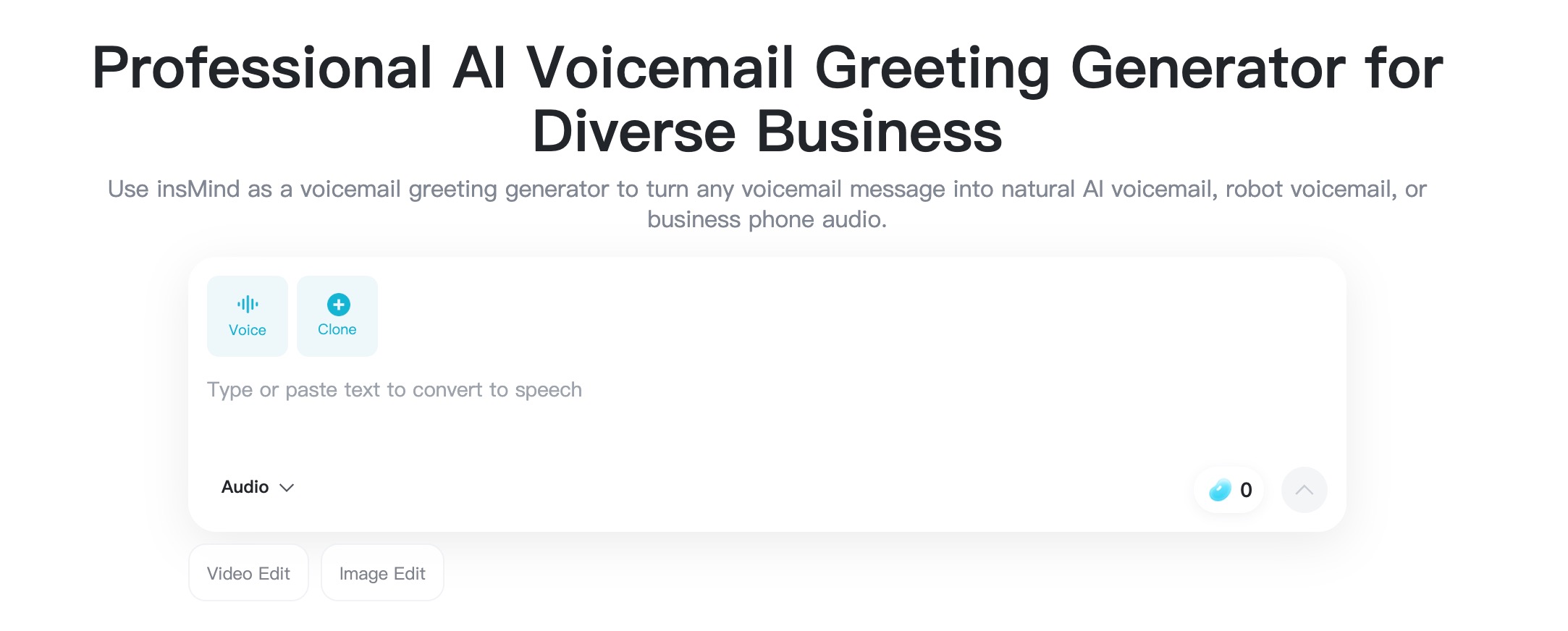 Open the insMind Voicemail Greeting Generator Blank insMind AI voicemail greeting generator ready for a script.