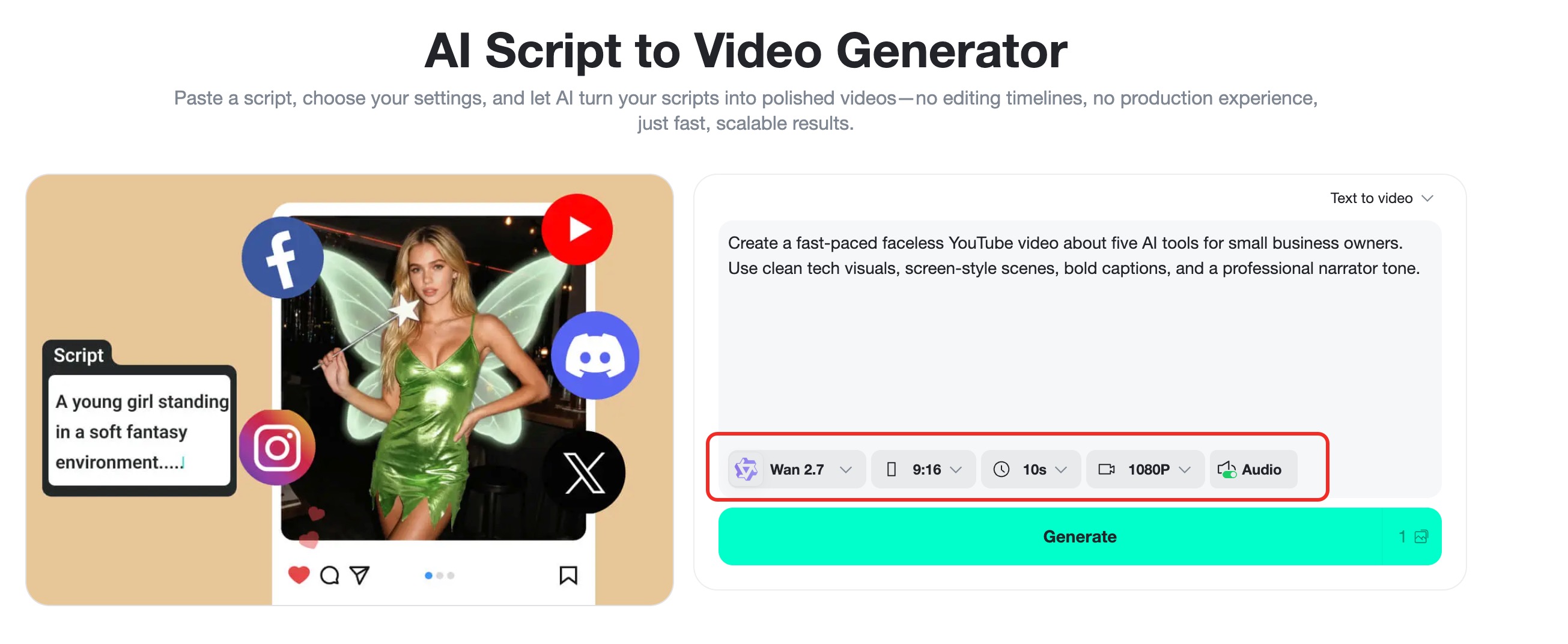 insMind video settings highlight model, aspect ratio, duration, quality, and audio.