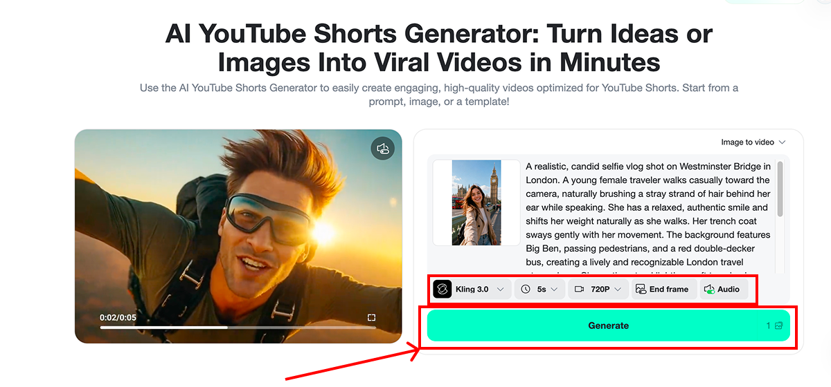 Click Generate to create an AI YouTube Short