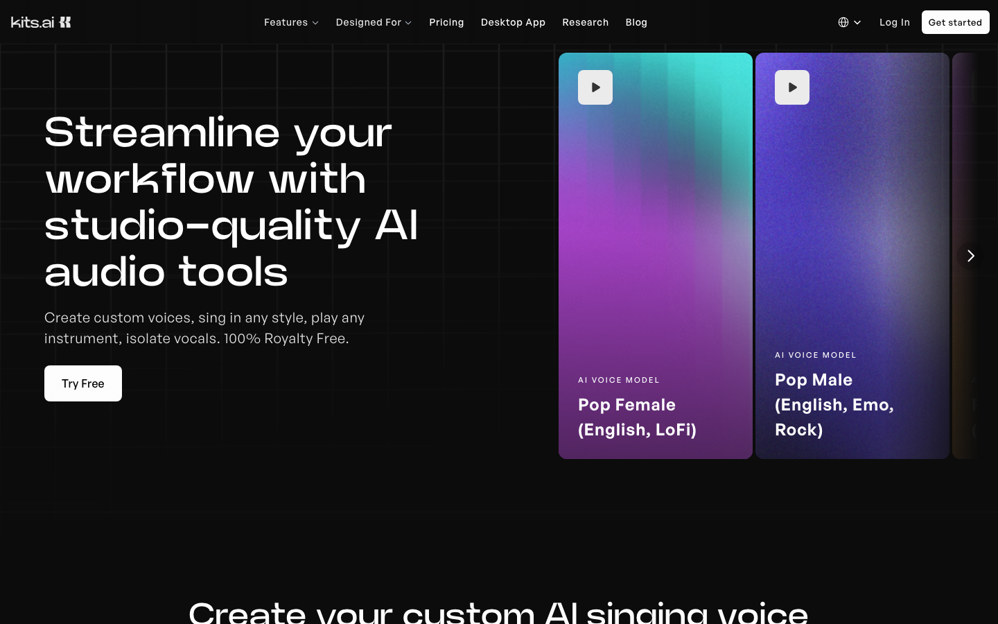 Kits AI voice model library Kits AI homepage showing studio-quality AI audio tools and voice model cards.