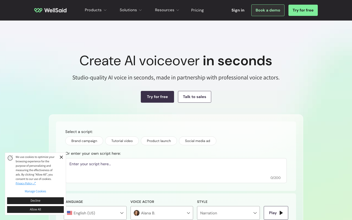 WellSaid Labs voiceover studio WellSaid Labs homepage with script box, language, voice actor, and style controls.