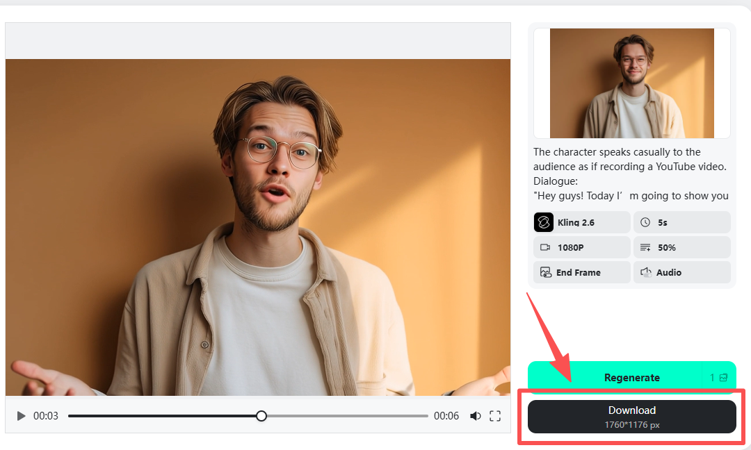 AI talking head video generated and ready for preview and download online.