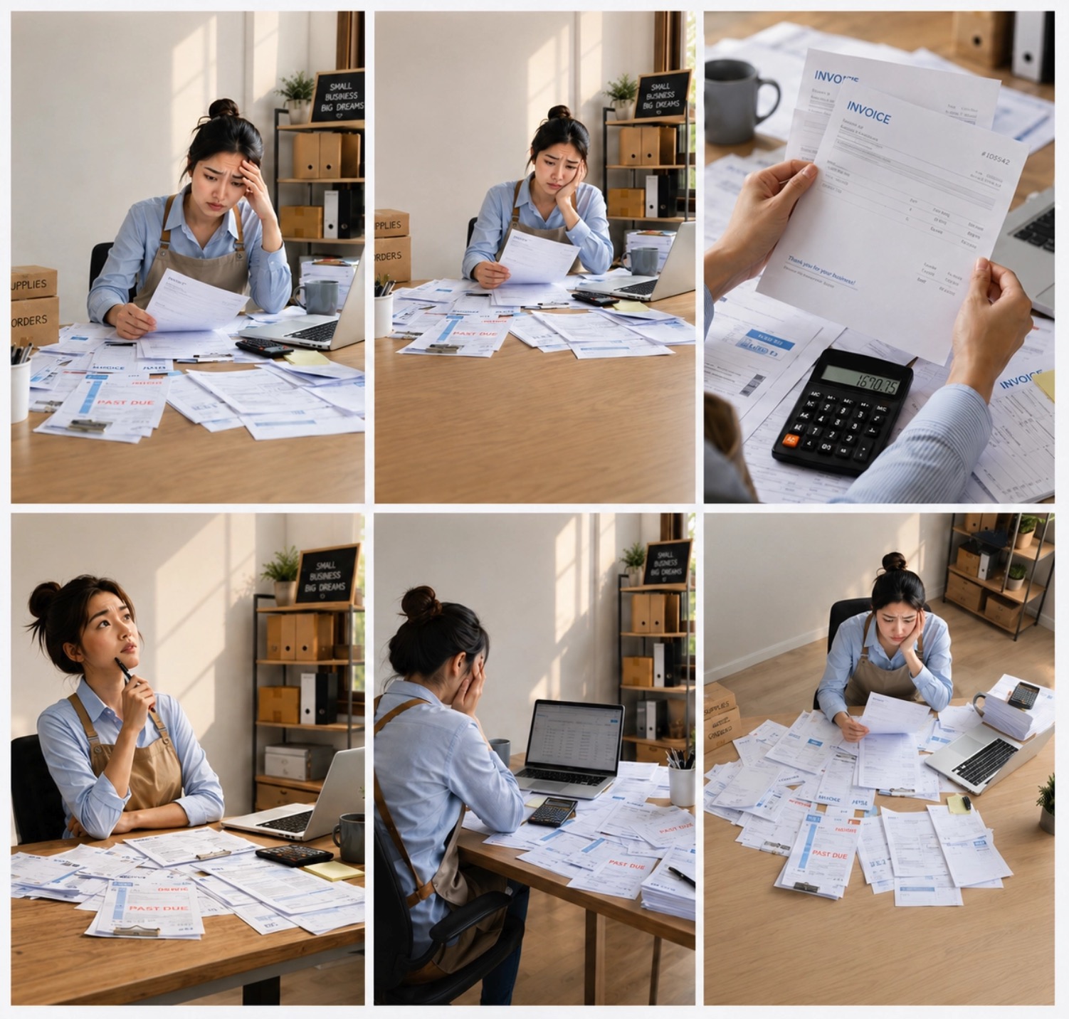 Modern Office Owner Small business owner reviews invoices at a messy desk