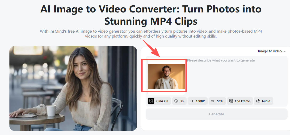 User uploading an image into AI image-to-video generator to create a talking head video.