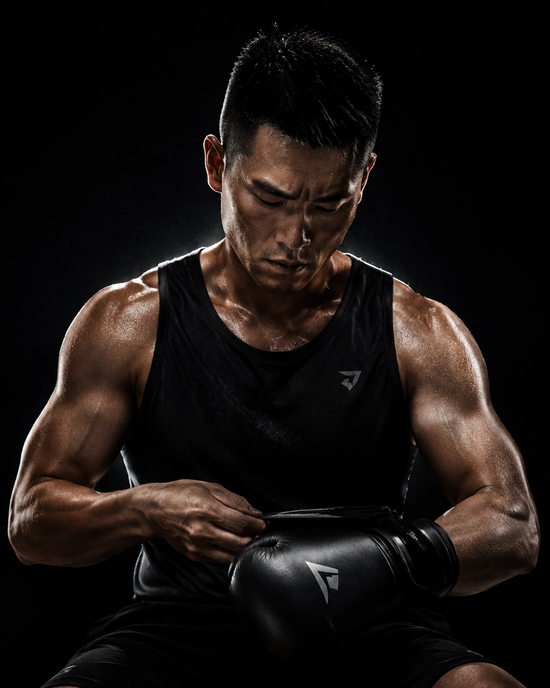 Boxing athlete separated by strong rim lighting.