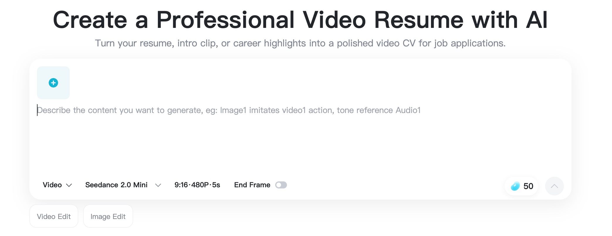 Upload Your Resume Headshot insMind image upload area for starting a video resume.