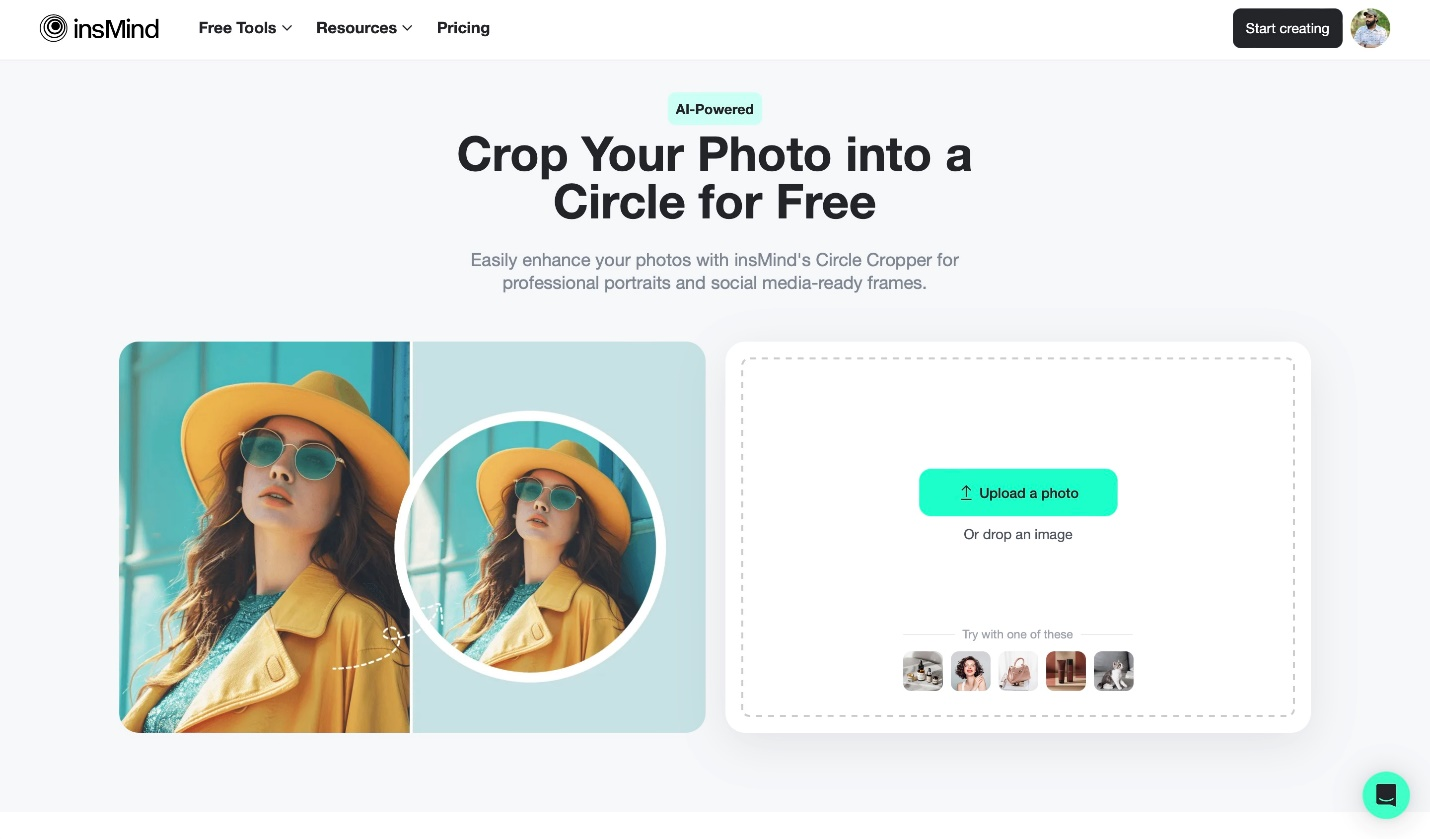 interface for upload your photo to insMind Circle Cropper