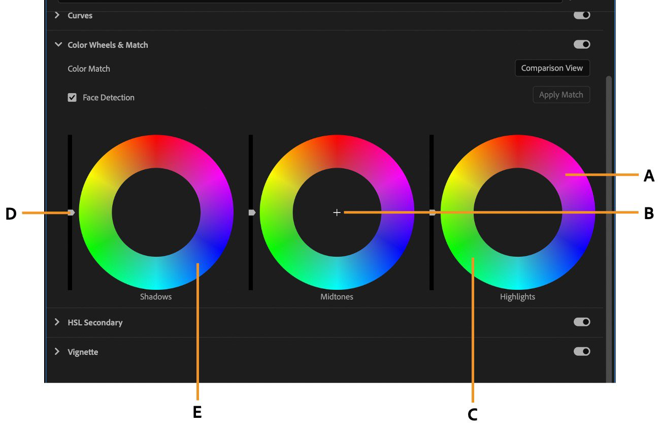 Adobe Premiere Lumetri Color Wheels and Match interface