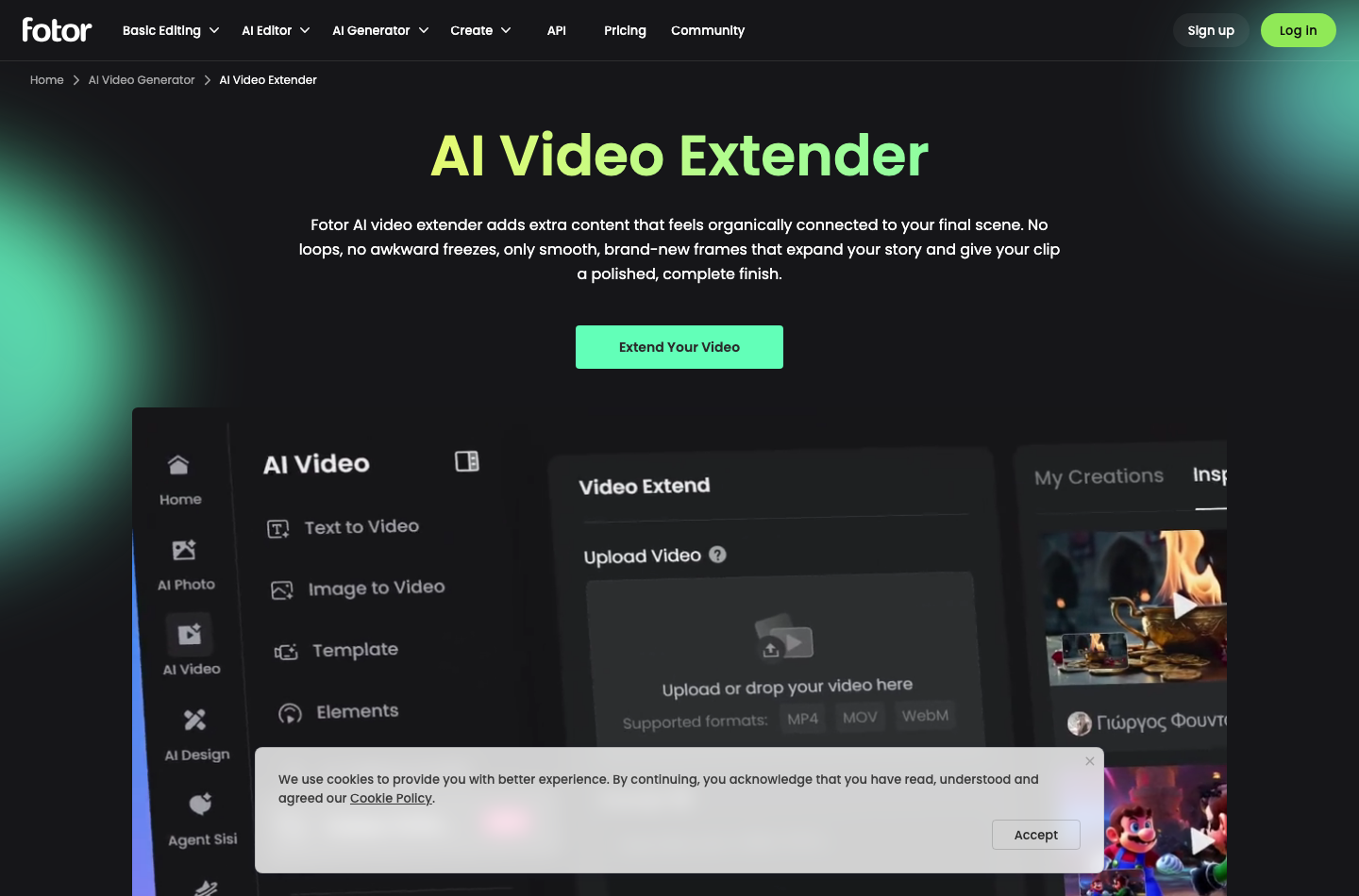Fotor Video Extender Fotor AI video extender webpage for making videos longer