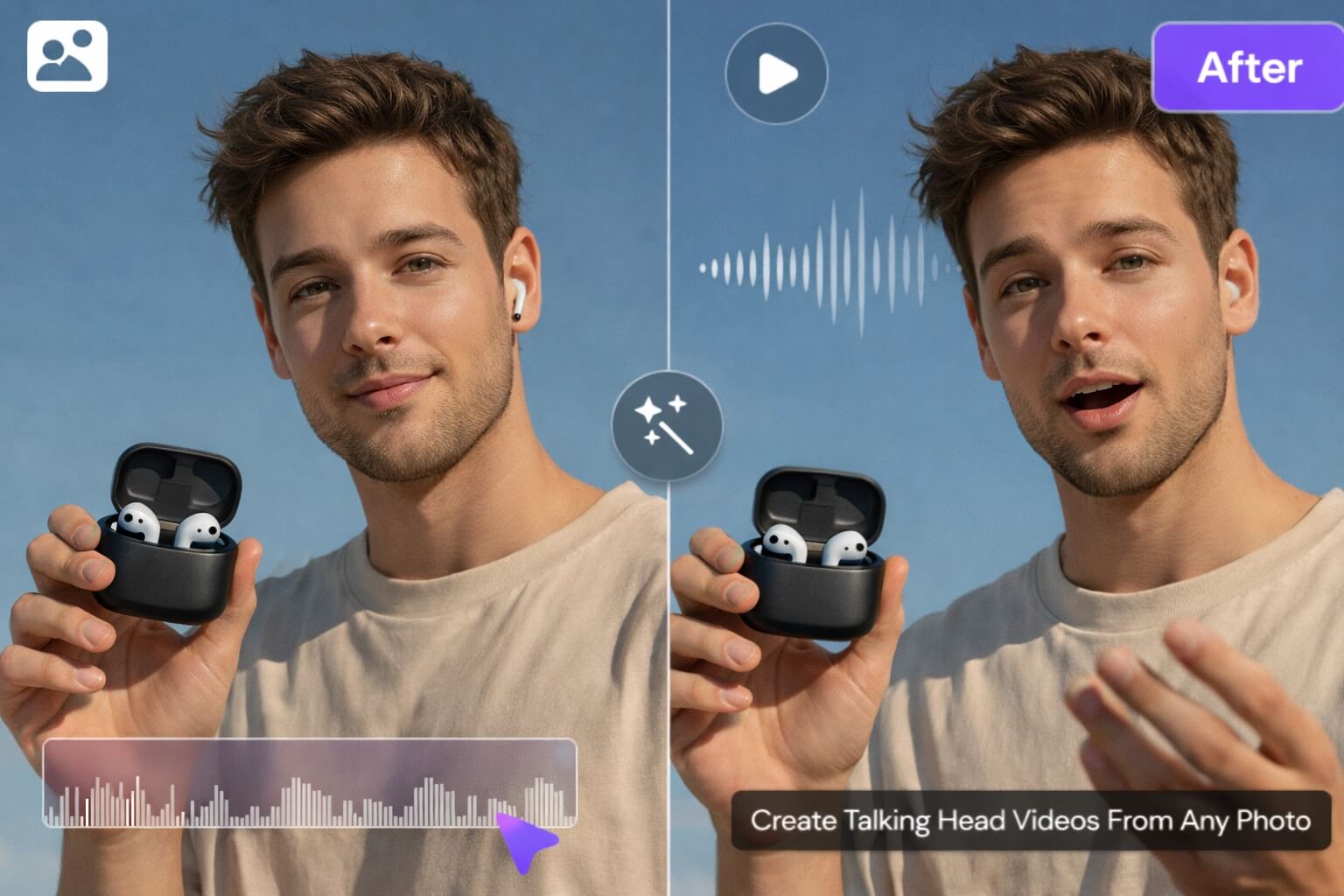 AI-generated talking head video showing a speaking avatar created from a single photo.