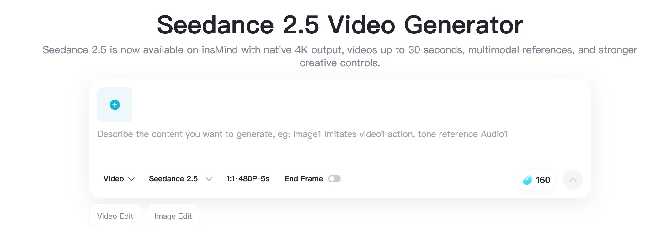 Blank insMind Seedance 2.5 generator ready for a prompt.