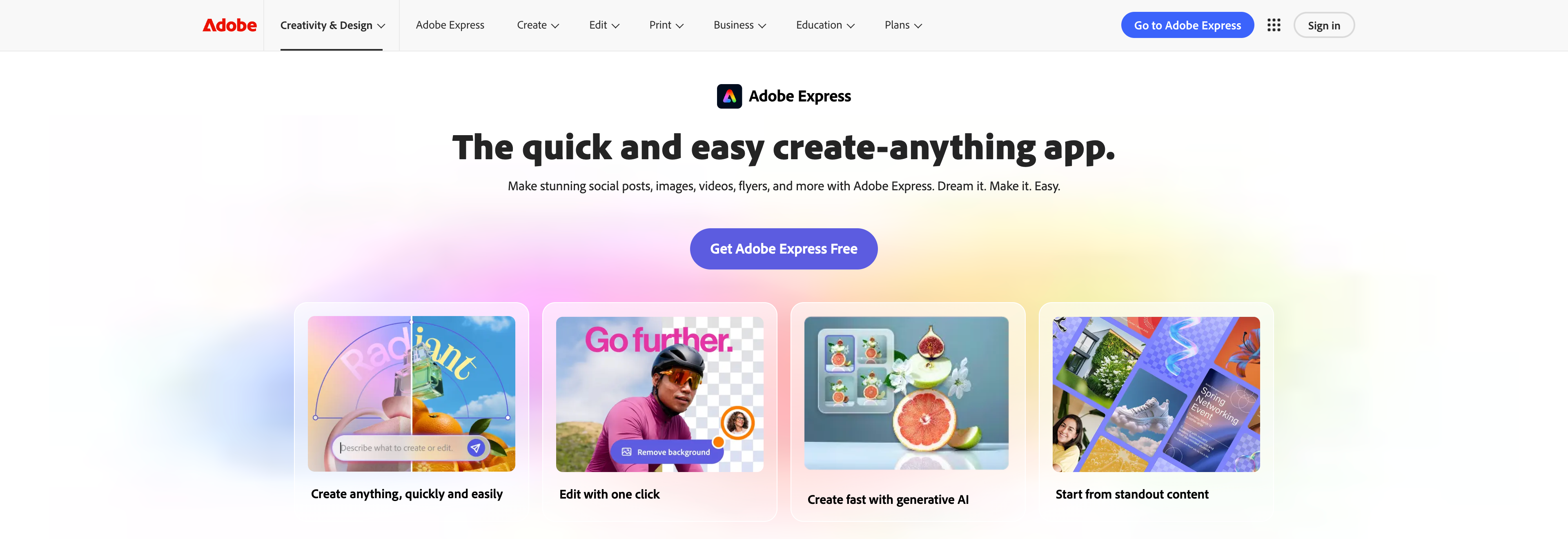 Adobe Express homepage showing quick design and generative AI features.
