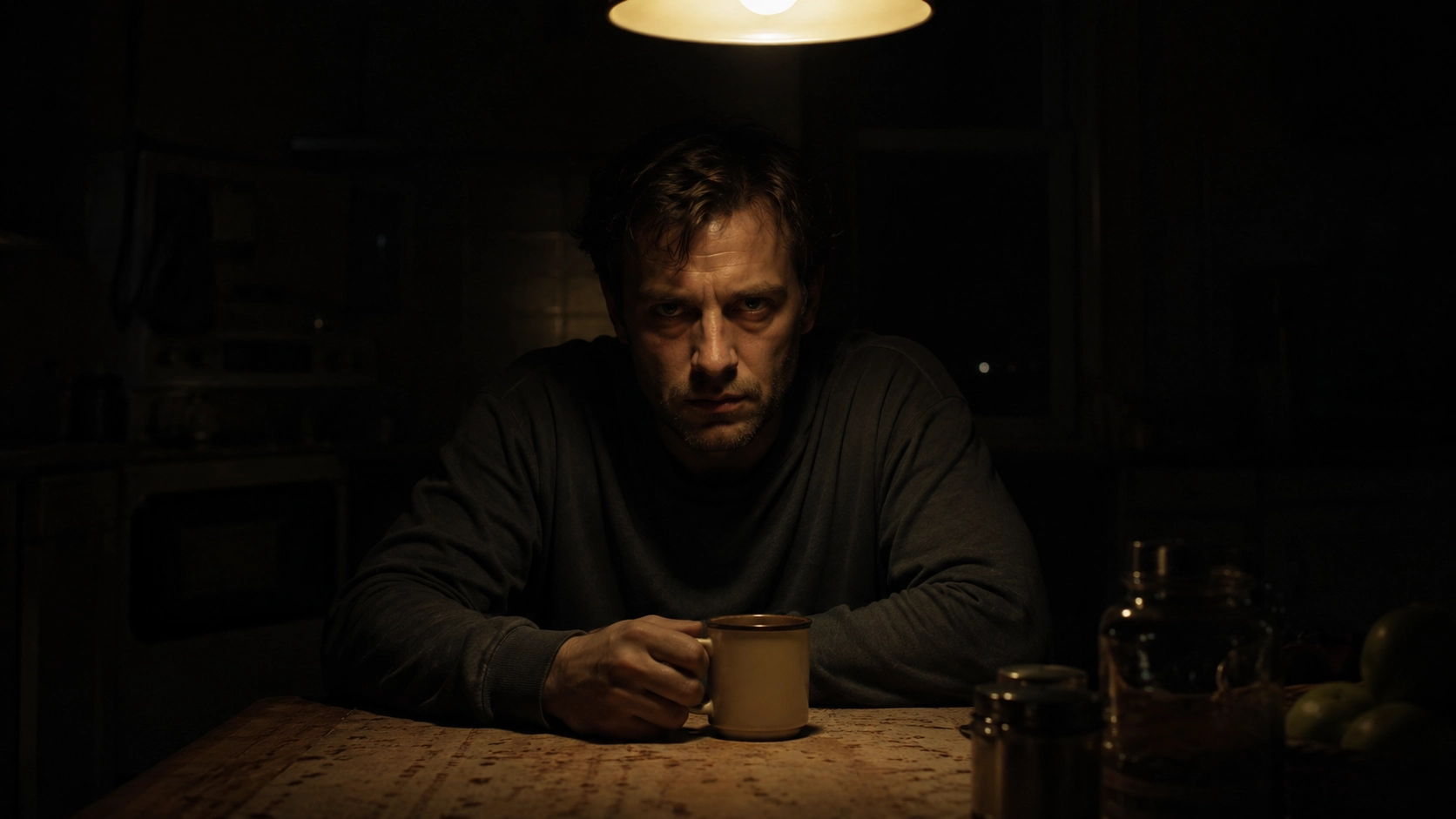 Character lit by a single overhead kitchen bulb.