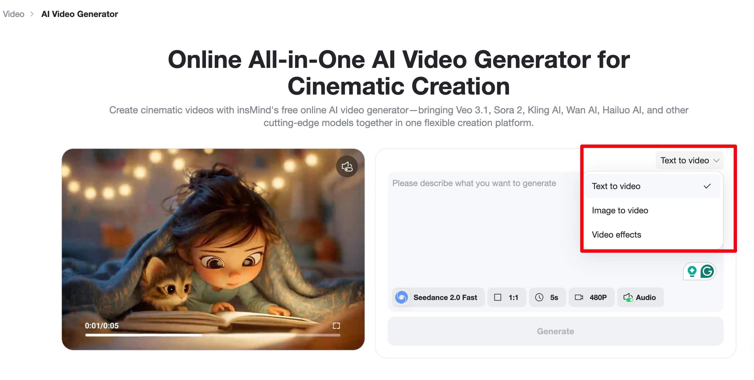 Choose text or image workflow for close-up B-roll insMind AI video generator — choose text-to-video or image-to-video for close-up inserts