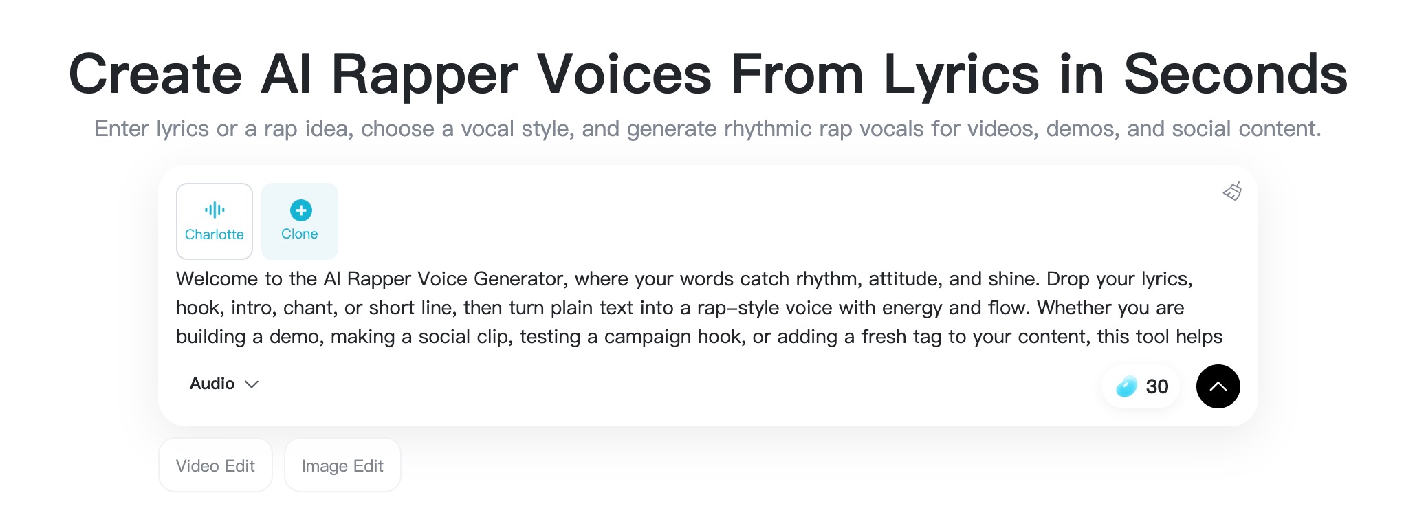 Add Text and Choose Voice insMind generator with lyrics and Charlotte voice selected