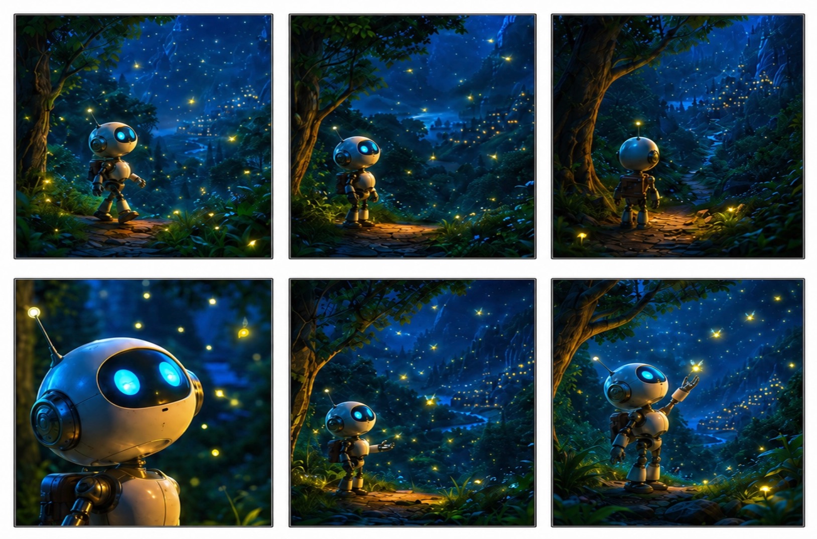 Stylized Forest Robot Small robot stands in a glowing forest with fireflies