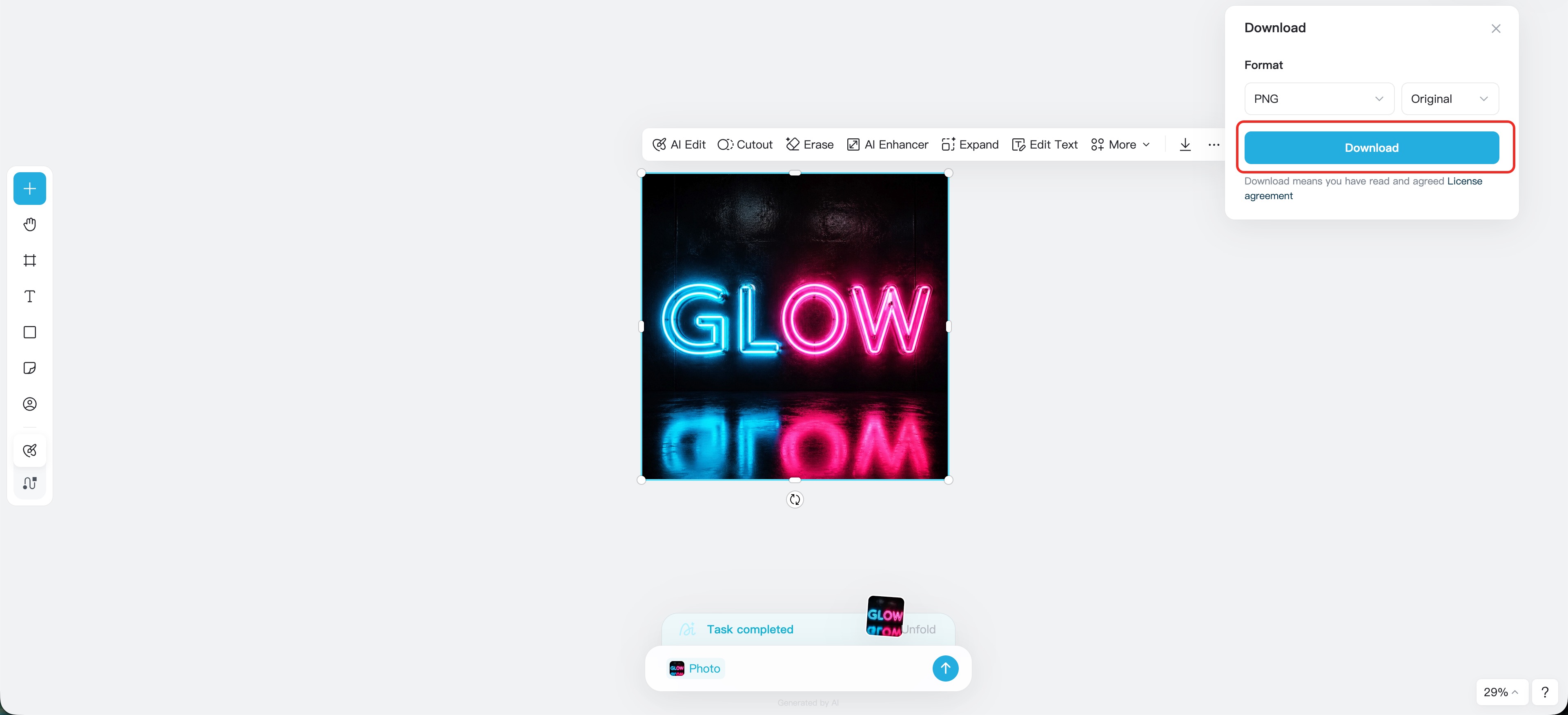 User downloads finished AI word art.
