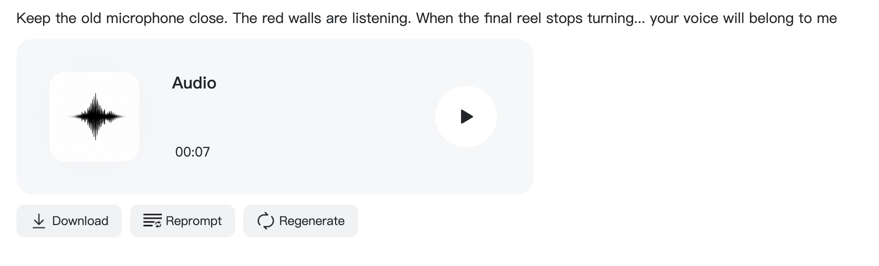 Audio result with waveform, play button, and Download, Reprompt, Regenerate controls