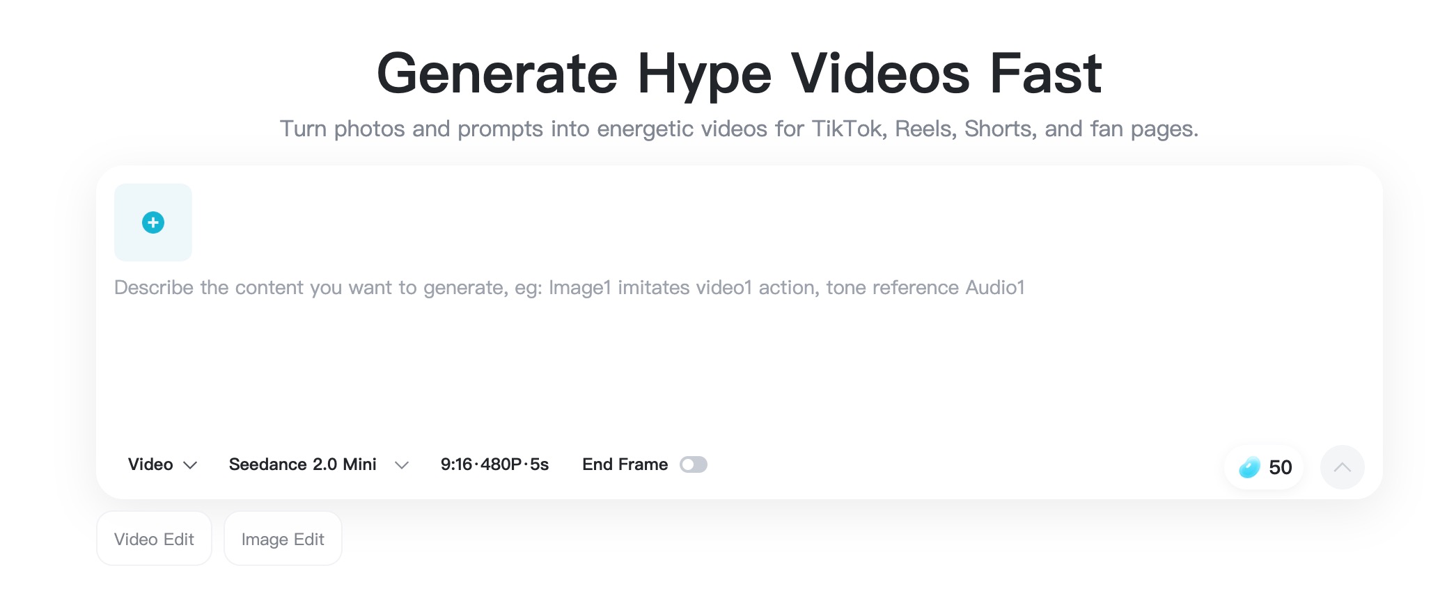 Open Hype Video Maker insMind upload panel for starting an AI hype video.
