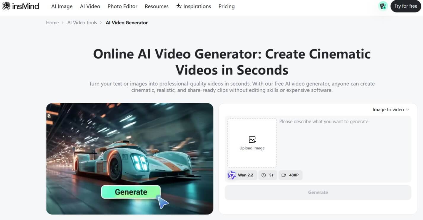 insMind AI Video Generator All-in-one AI animation and video creation tool