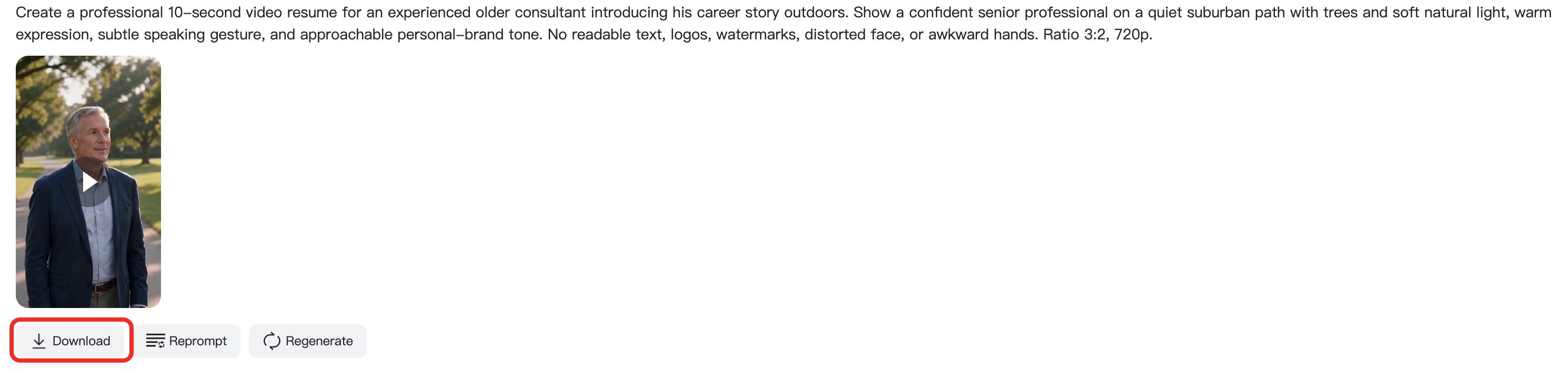 Download Your Video Resume Download button highlighted beneath the generated video resume.